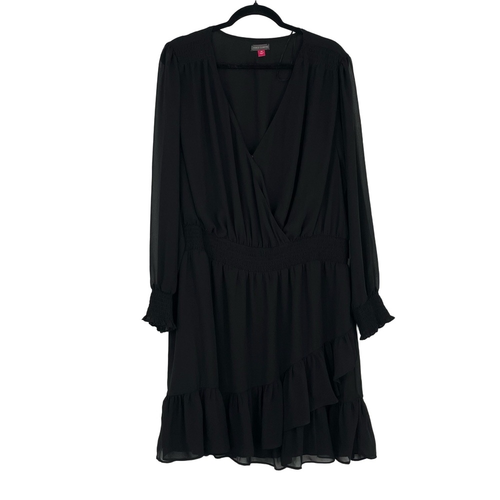 VINCE CAMUTO Women's Black Smocked Waist Long Sleeve V-Neck Wrap Dress Size 3X - Picture 2 of 9